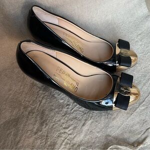 Salvatore Ferragamo Black patent heels with Gold Toe Size 5